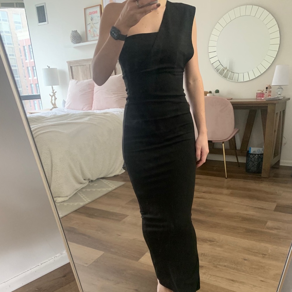 Floor length one shoulder black dress